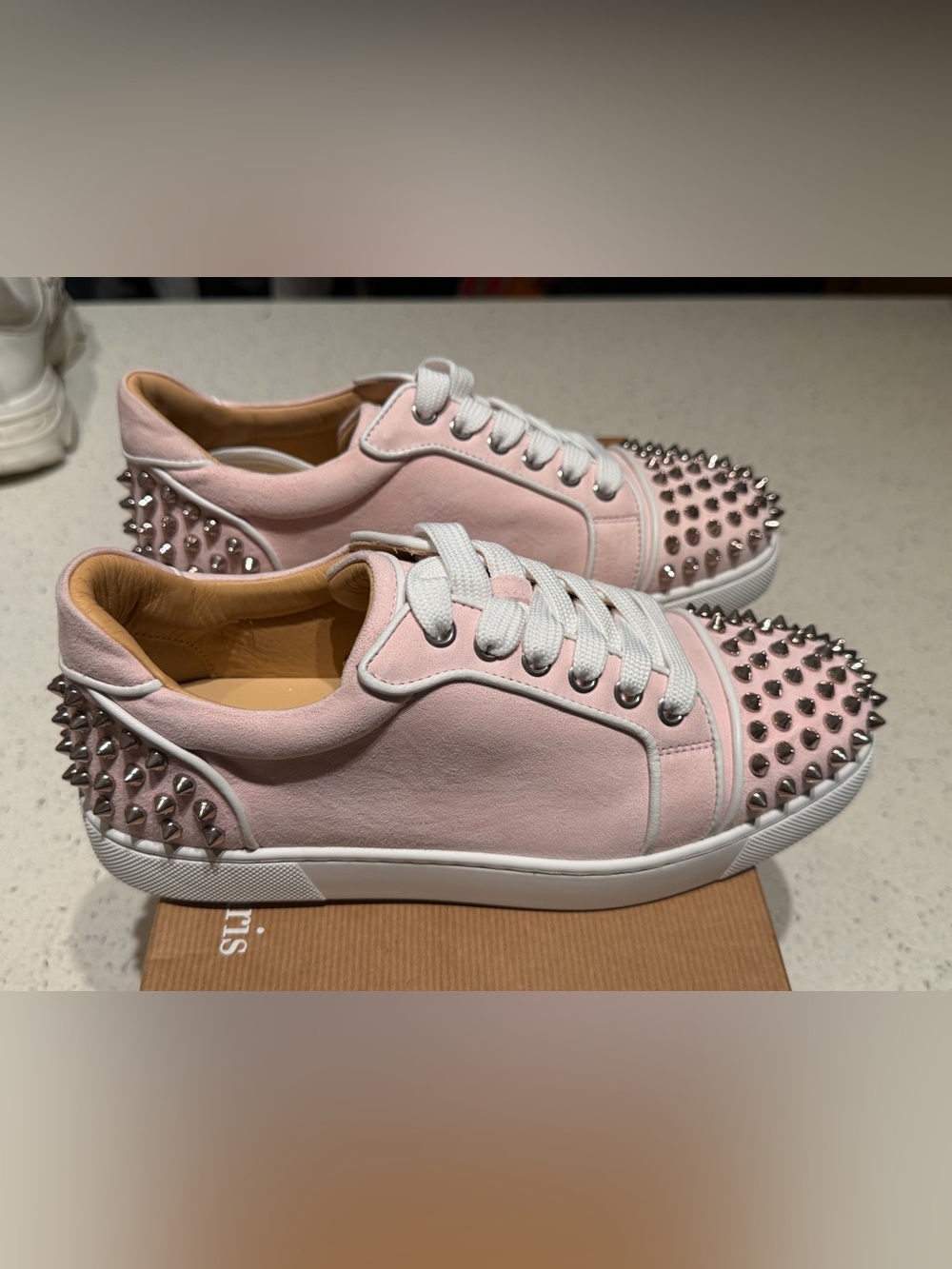 Christian Louboutin pink Suede Studded Lace-Up Sneakers